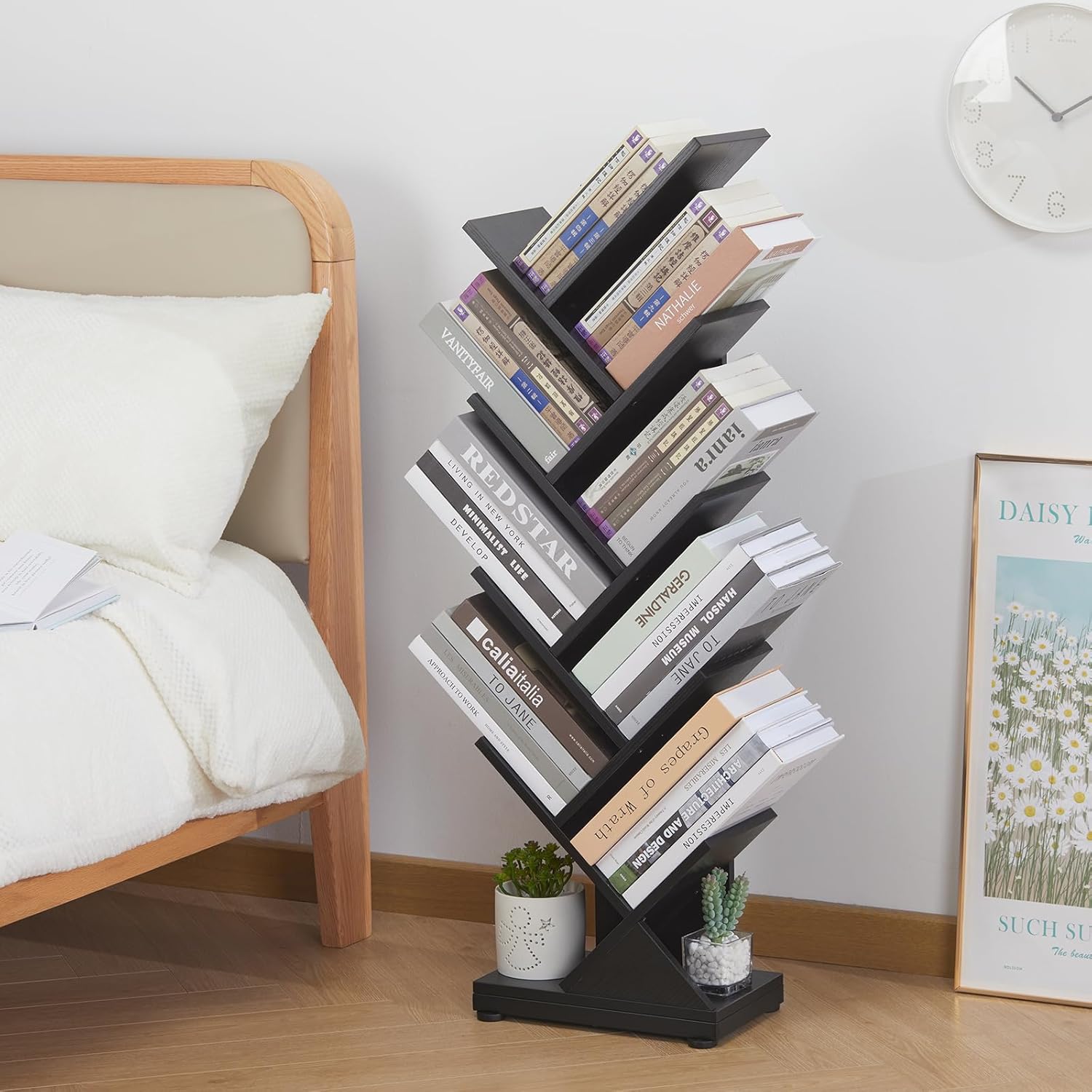 ruboka 4-Shelf Tree Bookshelf, 24.1-Inch Retro Floor Standing Bookcase Display for CDs/Magazine/Books, Small Bookshelf for Bedroom, Living Room, Office,Balcony, Black Storage Shelves DESK53A