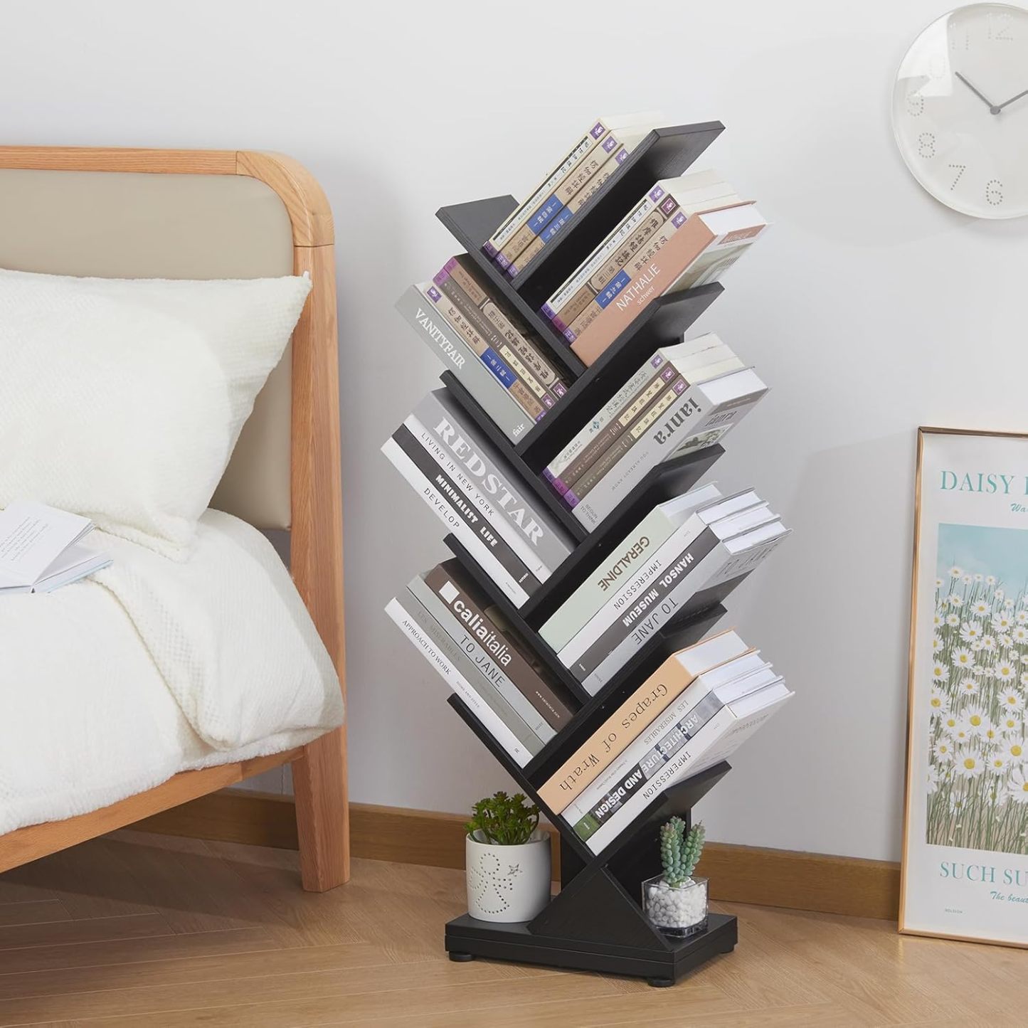 ruboka 4-Shelf Tree Bookshelf, 24.1-Inch Retro Floor Standing Bookcase Display for CDs/Magazine/Books, Small Bookshelf for Bedroom, Living Room, Office,Balcony, Black Storage Shelves DESK53A