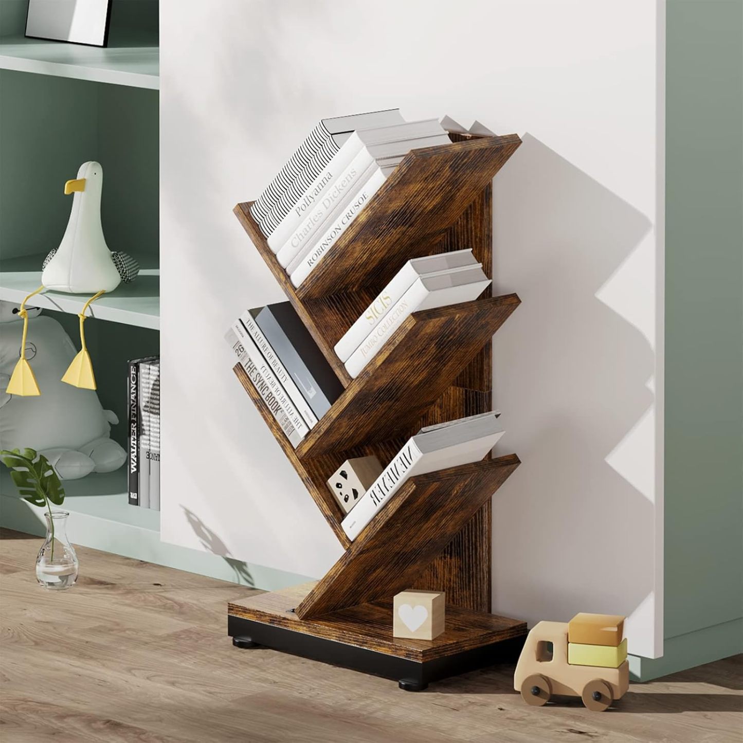 ruboka 4-Shelf Tree Bookshelf, 24.1-Inch Retro Floor Standing Bookcase Display for CDs/Magazine/Books, Small Bookshelf for Bedroom, Living Room, Office,Balcony, Black Storage Shelves DESK53A