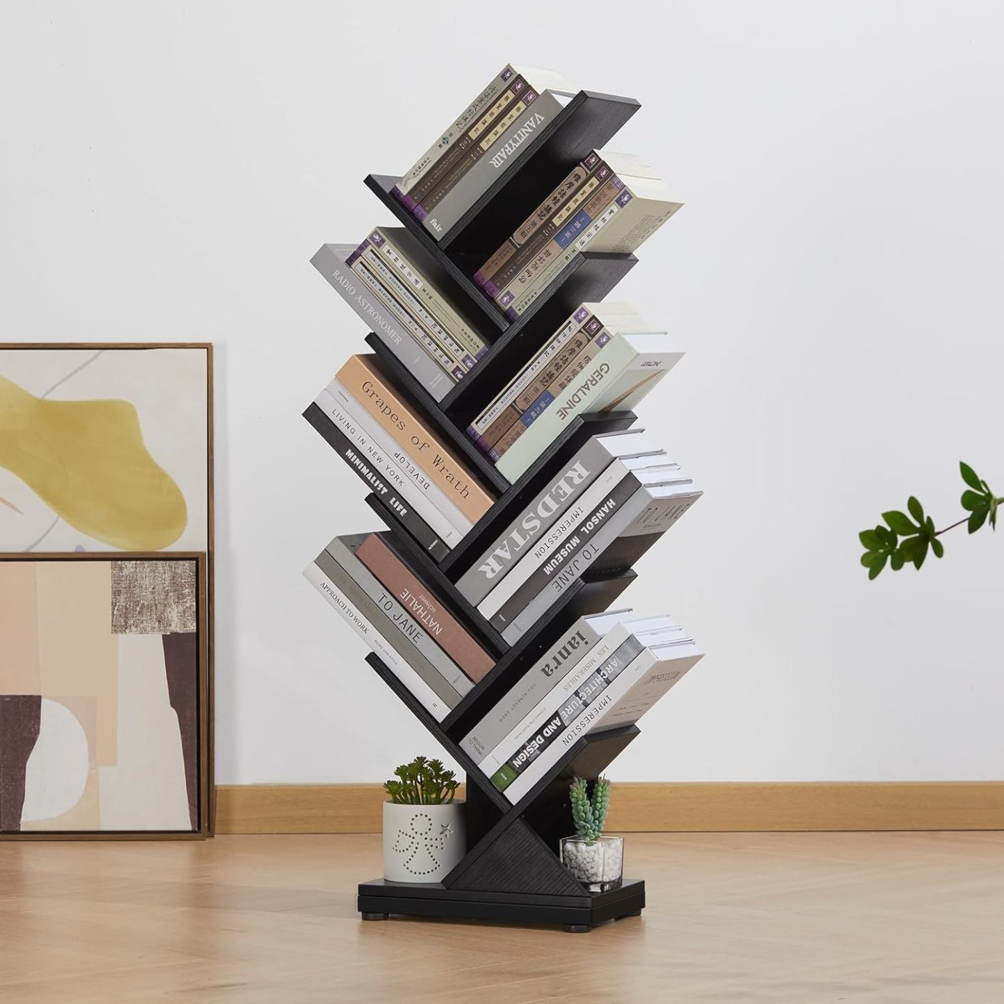 ruboka 4-Shelf Tree Bookshelf, 24.1-Inch Retro Floor Standing Bookcase Display for CDs/Magazine/Books, Small Bookshelf for Bedroom, Living Room, Office,Balcony, Black Storage Shelves DESK53A