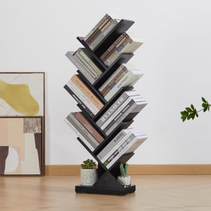 ruboka 4-Shelf Tree Bookshelf, 24.1-Inch Retro Floor Standing Bookcase Display for CDs/Magazine/Books, Small Bookshelf for Bedroom, Living Room, Office,Balcony, Black Storage Shelves DESK53A