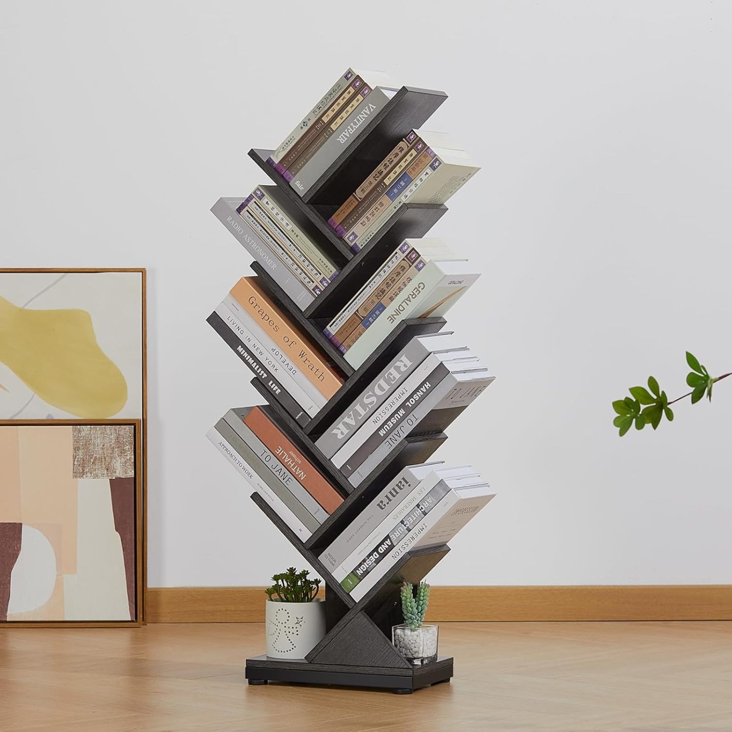 ruboka 4-Shelf Tree Bookshelf, 24.1-Inch Retro Floor Standing Bookcase Display for CDs/Magazine/Books, Small Bookshelf for Bedroom, Living Room, Office,Balcony, Black Storage Shelves DESK53A