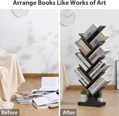 ruboka 4-Shelf Tree Bookshelf, 24.1-Inch Retro Floor Standing Bookcase Display for CDs/Magazine/Books, Small Bookshelf for Bedroom, Living Room, Office,Balcony, Black Storage Shelves DESK53A