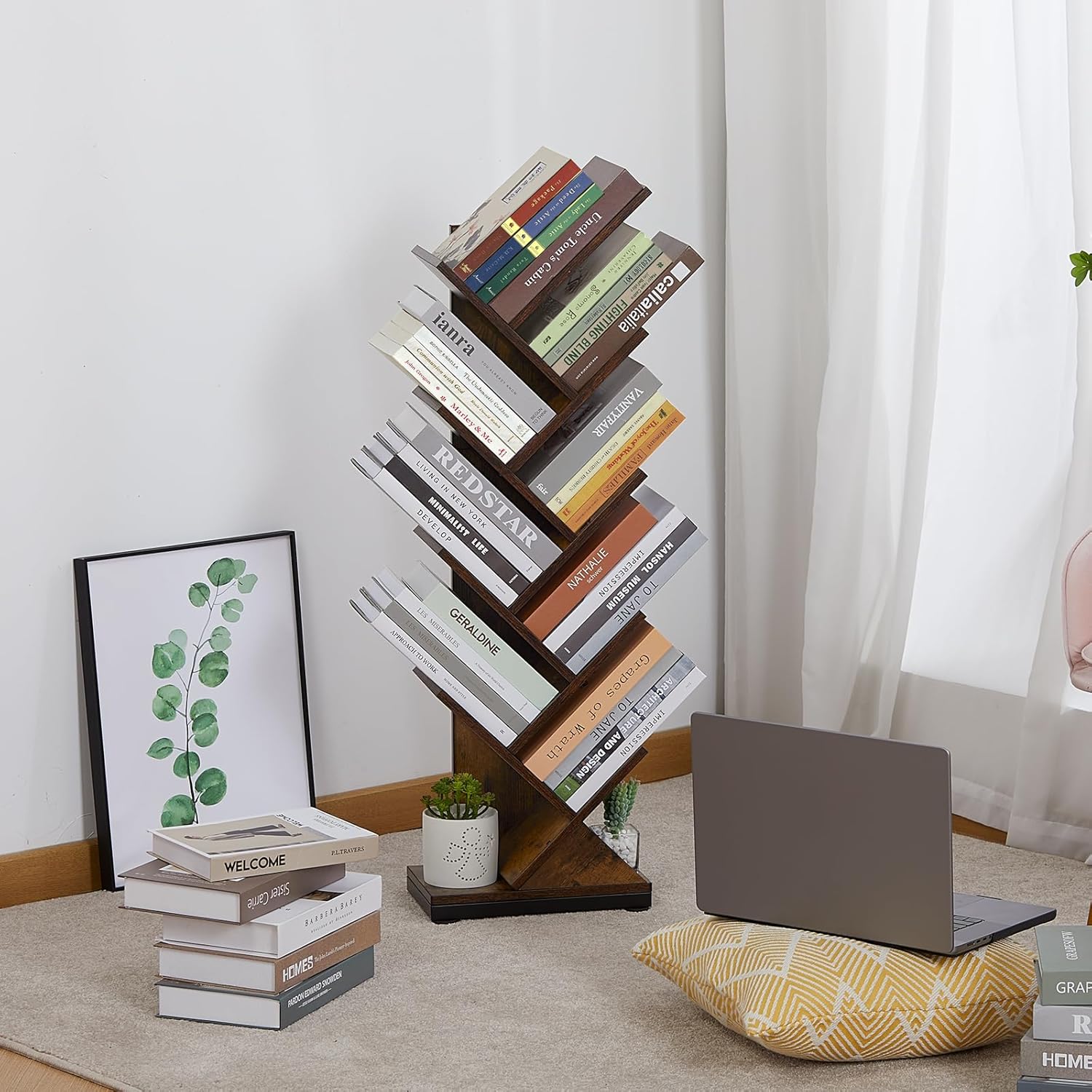 ruboka 4-Shelf Tree Bookshelf, 24.1-Inch Retro Floor Standing Bookcase Display for CDs/Magazine/Books, Small Bookshelf for Bedroom, Living Room, Office,Balcony, Black Storage Shelves DESK53A