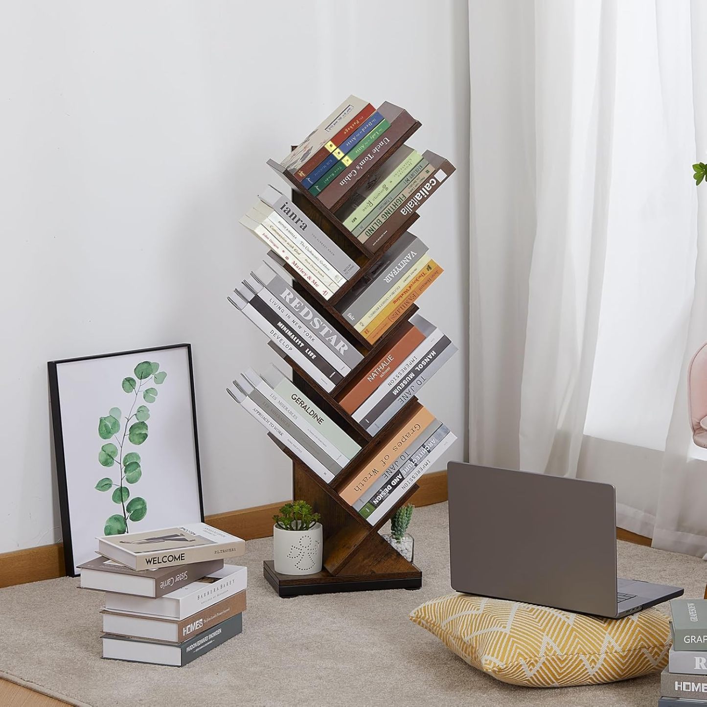 ruboka 4-Shelf Tree Bookshelf, 24.1-Inch Retro Floor Standing Bookcase Display for CDs/Magazine/Books, Small Bookshelf for Bedroom, Living Room, Office,Balcony, Black Storage Shelves DESK53A