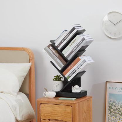 ruboka 4-Shelf Tree Bookshelf, 24.1-Inch Retro Floor Standing Bookcase Display for CDs/Magazine/Books, Small Bookshelf for Bedroom, Living Room, Office,Balcony, Black Storage Shelves DESK53A