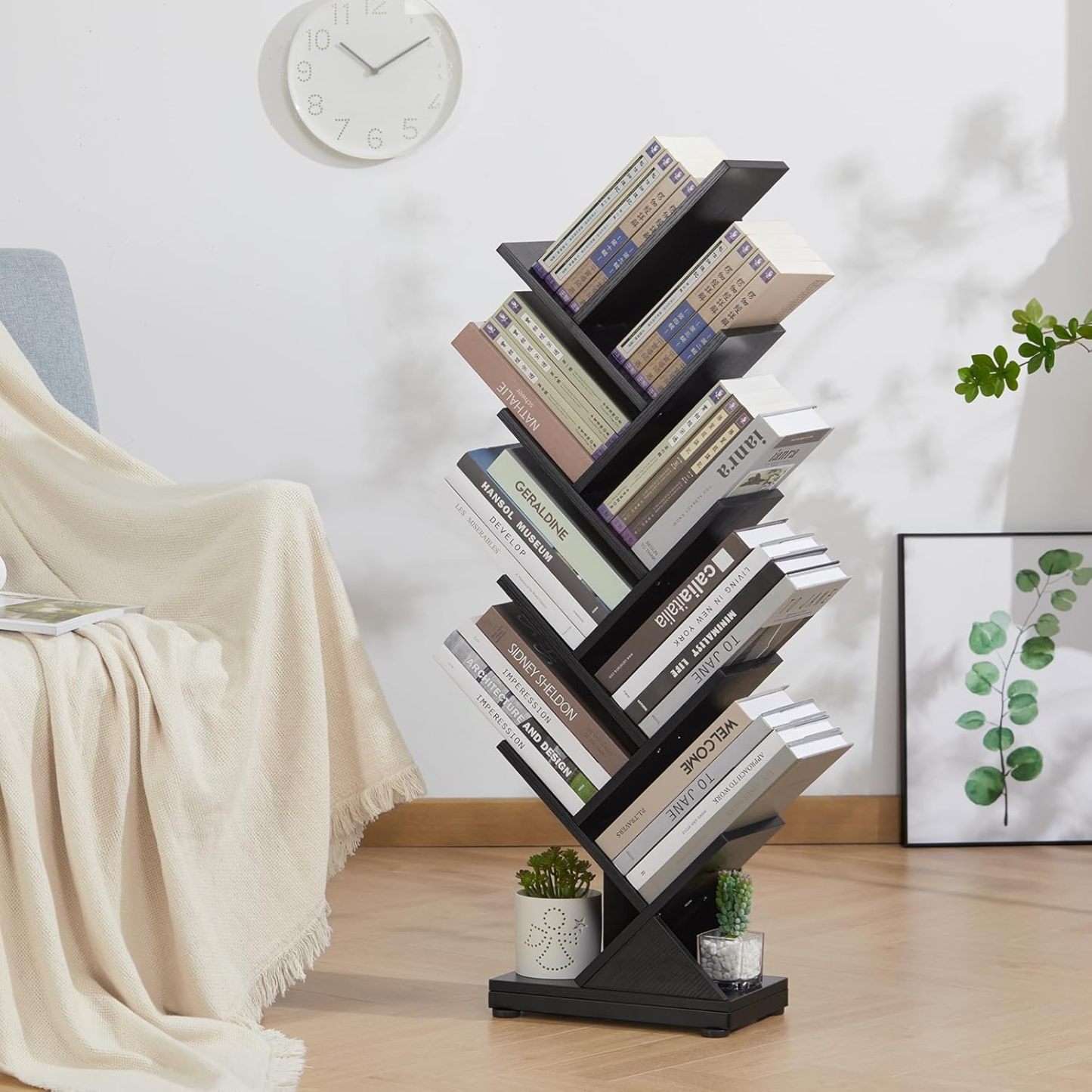 ruboka 4-Shelf Tree Bookshelf, 24.1-Inch Retro Floor Standing Bookcase Display for CDs/Magazine/Books, Small Bookshelf for Bedroom, Living Room, Office,Balcony, Black Storage Shelves DESK53A