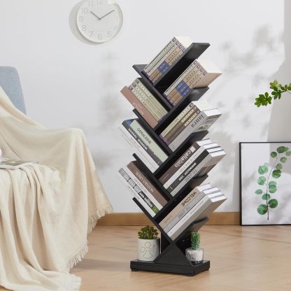 ruboka 4-Shelf Tree Bookshelf, 24.1-Inch Retro Floor Standing Bookcase Display for CDs/Magazine/Books, Small Bookshelf for Bedroom, Living Room, Office,Balcony, Black Storage Shelves DESK53A