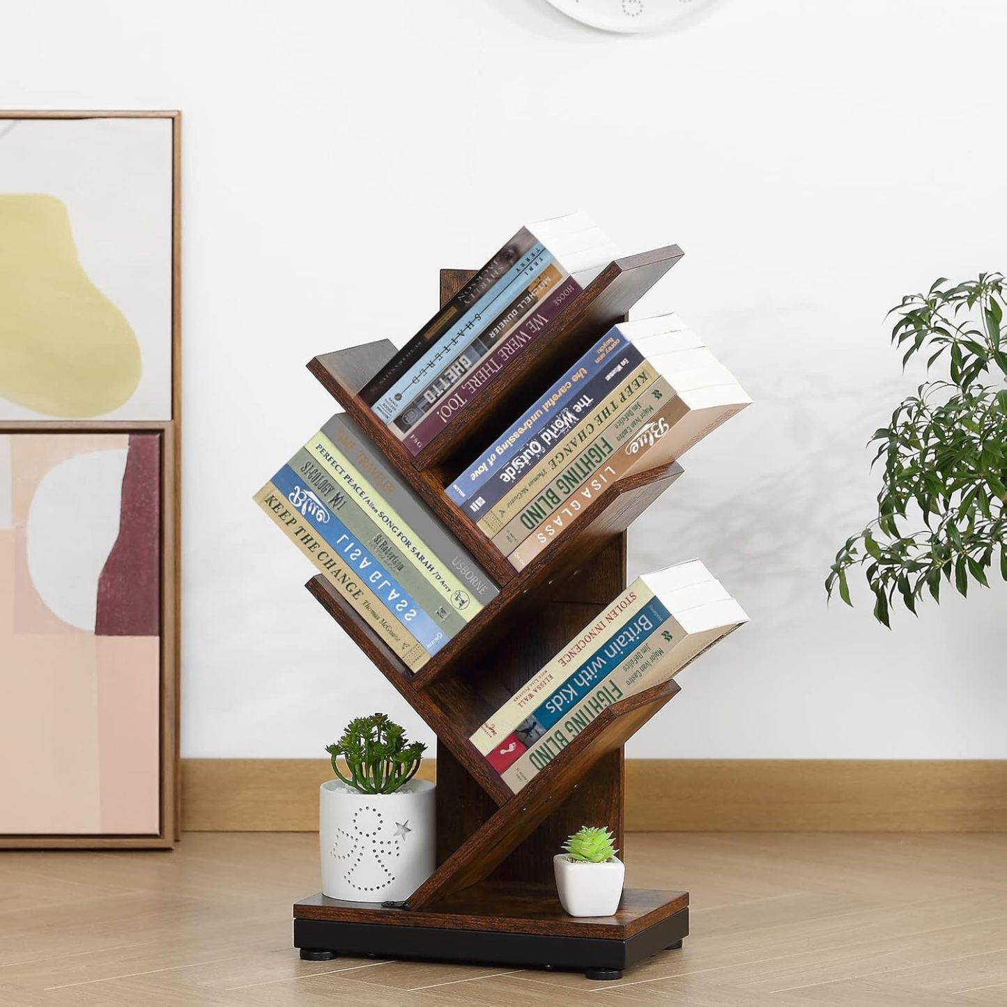 ruboka 4-Shelf Tree Bookshelf, 24.1-Inch Retro Floor Standing Bookcase Display for CDs/Magazine/Books, Small Bookshelf for Bedroom, Living Room, Office,Balcony, Black Storage Shelves DESK53A