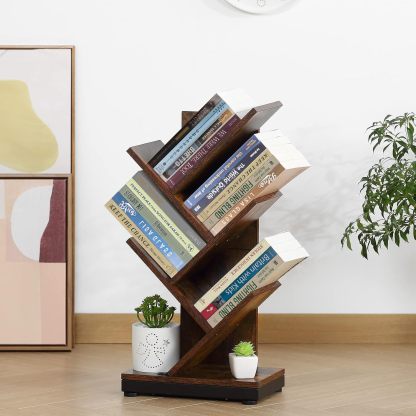 ruboka 4-Shelf Tree Bookshelf, 24.1-Inch Retro Floor Standing Bookcase Display for CDs/Magazine/Books, Small Bookshelf for Bedroom, Living Room, Office,Balcony, Black Storage Shelves DESK53A
