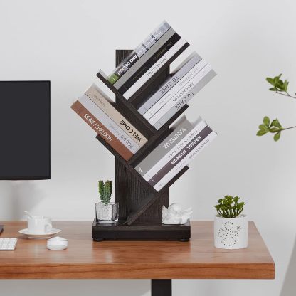 ruboka 4-Shelf Tree Bookshelf, 24.1-Inch Retro Floor Standing Bookcase Display for CDs/Magazine/Books, Small Bookshelf for Bedroom, Living Room, Office,Balcony, Black Storage Shelves DESK53A