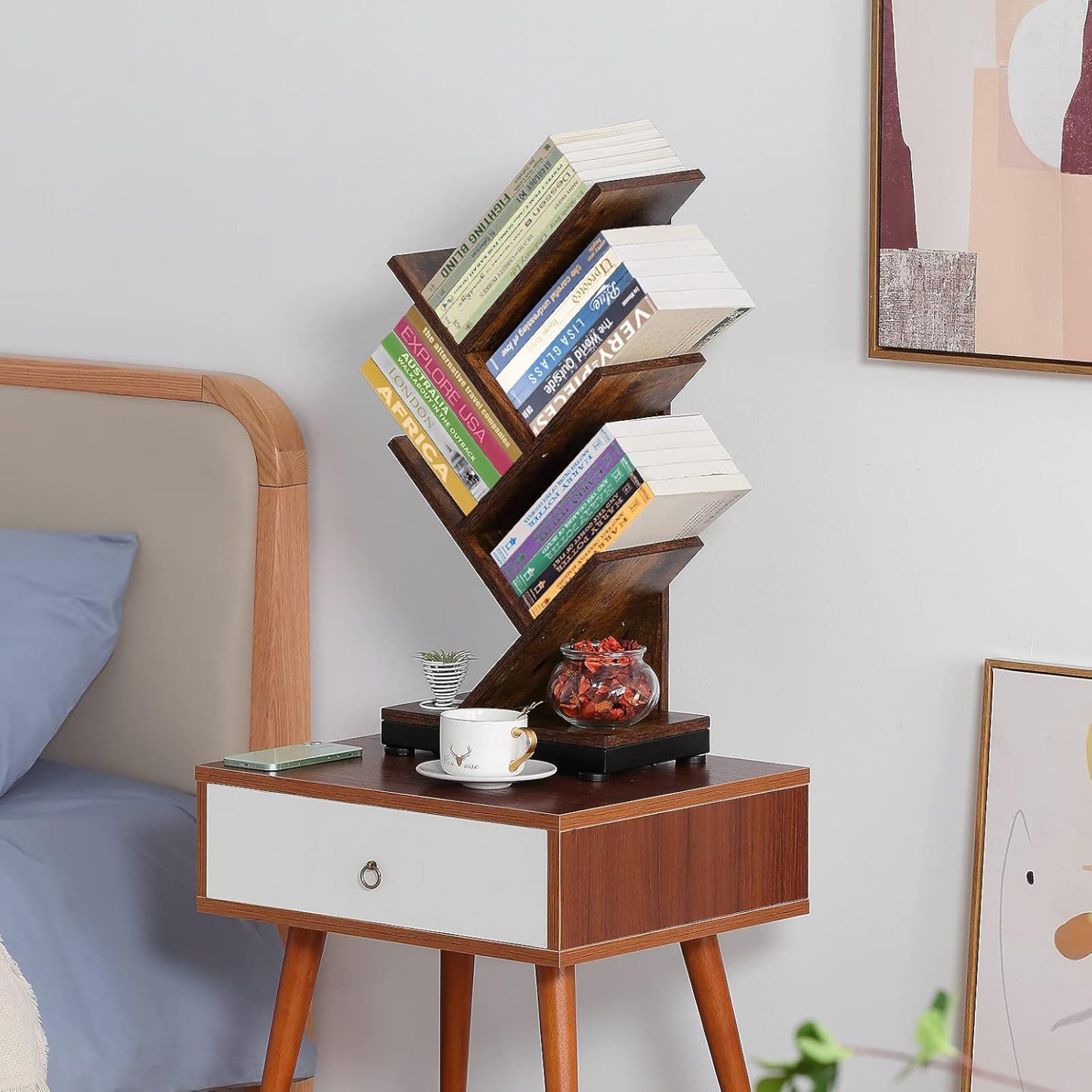 ruboka 4-Shelf Tree Bookshelf, 24.1-Inch Retro Floor Standing Bookcase Display for CDs/Magazine/Books, Small Bookshelf for Bedroom, Living Room, Office,Balcony, Black Storage Shelves DESK53A