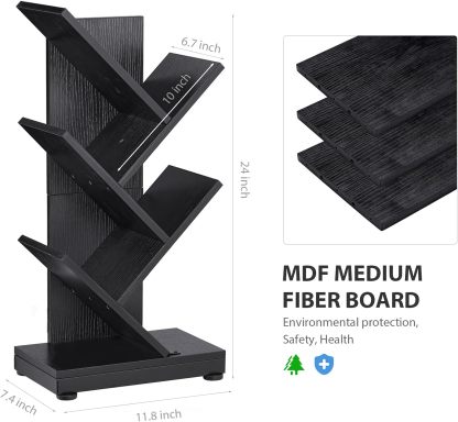 ruboka 4-Shelf Tree Bookshelf, 24.1-Inch Retro Floor Standing Bookcase Display for CDs/Magazine/Books, Small Bookshelf for Bedroom, Living Room, Office,Balcony, Black Storage Shelves DESK53A