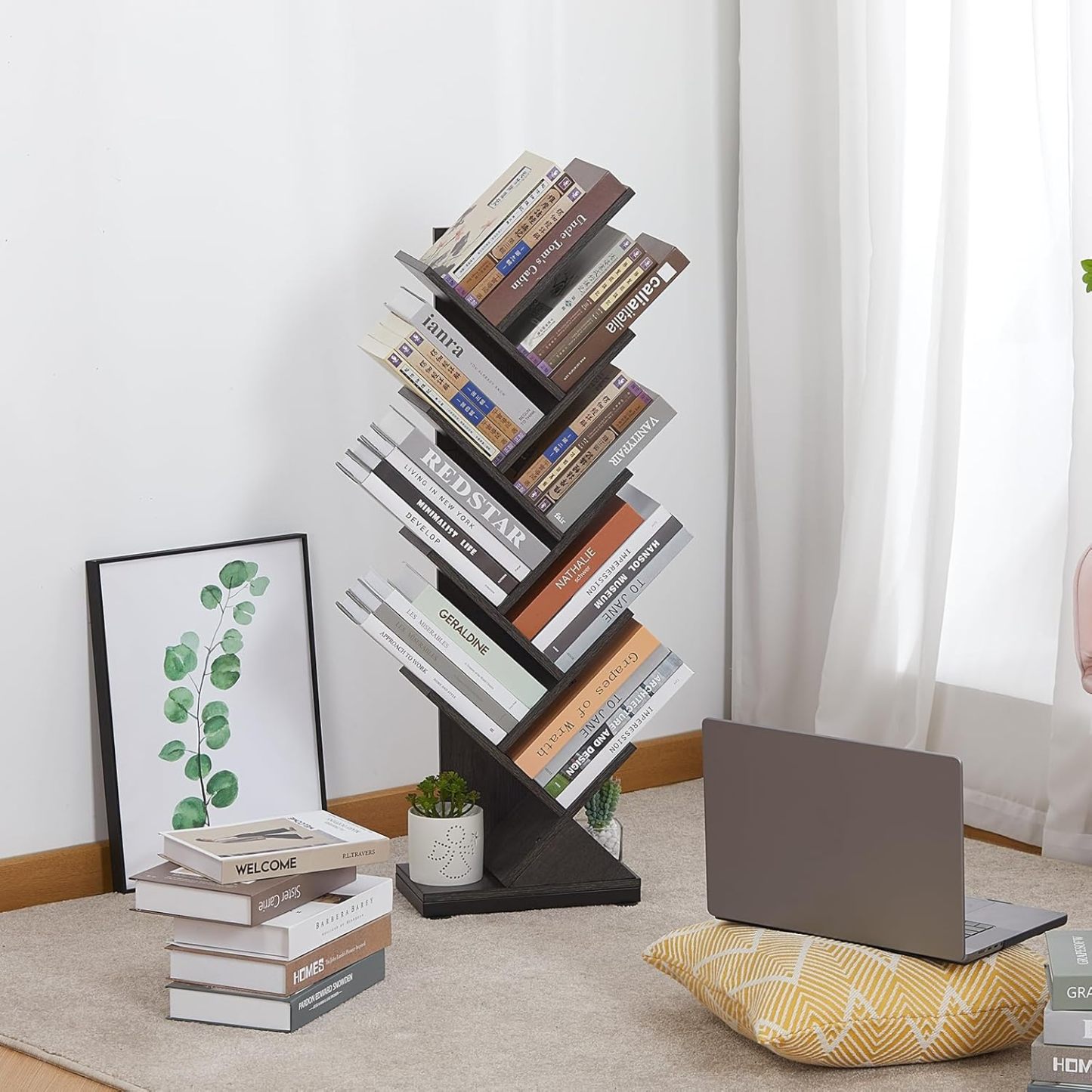 ruboka 4-Shelf Tree Bookshelf, 24.1-Inch Retro Floor Standing Bookcase Display for CDs/Magazine/Books, Small Bookshelf for Bedroom, Living Room, Office,Balcony, Black Storage Shelves DESK53A