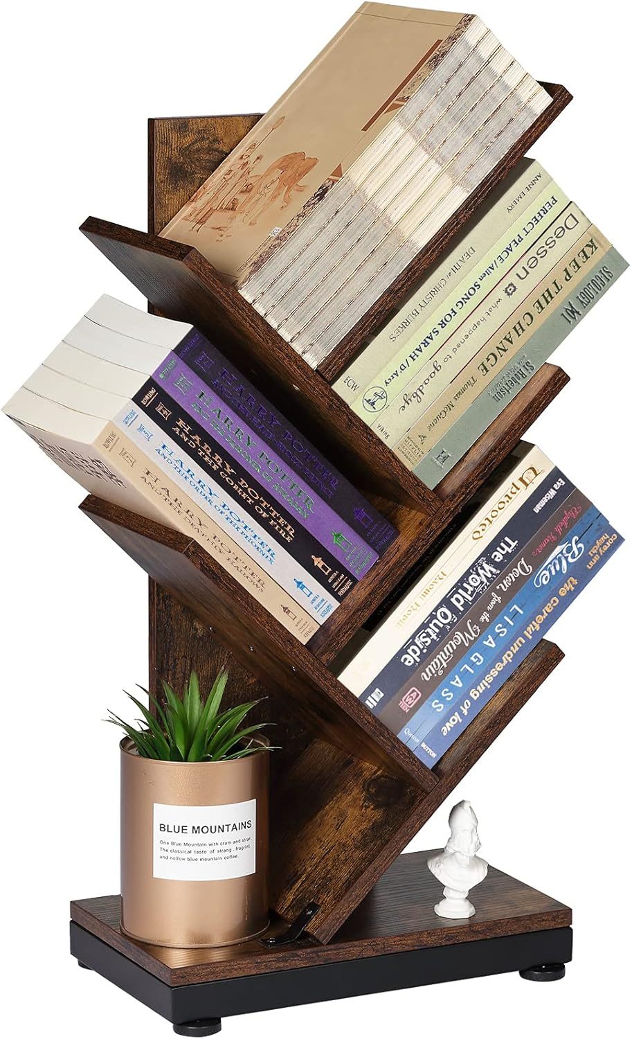 ruboka 4-Shelf Tree Bookshelf, 24.1-Inch Retro Floor Standing Bookcase Display for CDs/Magazine/Books, Small Bookshelf for Bedroom, Living Room, Office,Balcony, Black Storage Shelves DESK53A