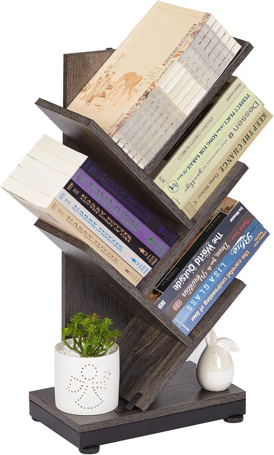 ruboka 4-Shelf Tree Bookshelf, 24.1-Inch Retro Floor Standing Bookcase Display for CDs/Magazine/Books, Small Bookshelf for Bedroom, Living Room, Office,Balcony, Black Storage Shelves DESK53A