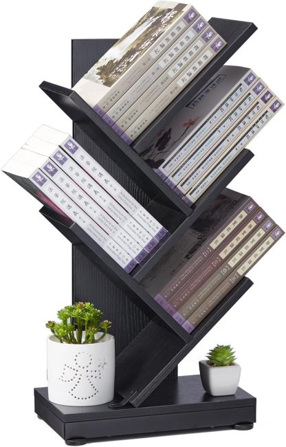 ruboka 4-Shelf Tree Bookshelf, 24.1-Inch Retro Floor Standing Bookcase Display for CDs/Magazine/Books, Small Bookshelf for Bedroom, Living Room, Office,Balcony, Black Storage Shelves DESK53A
