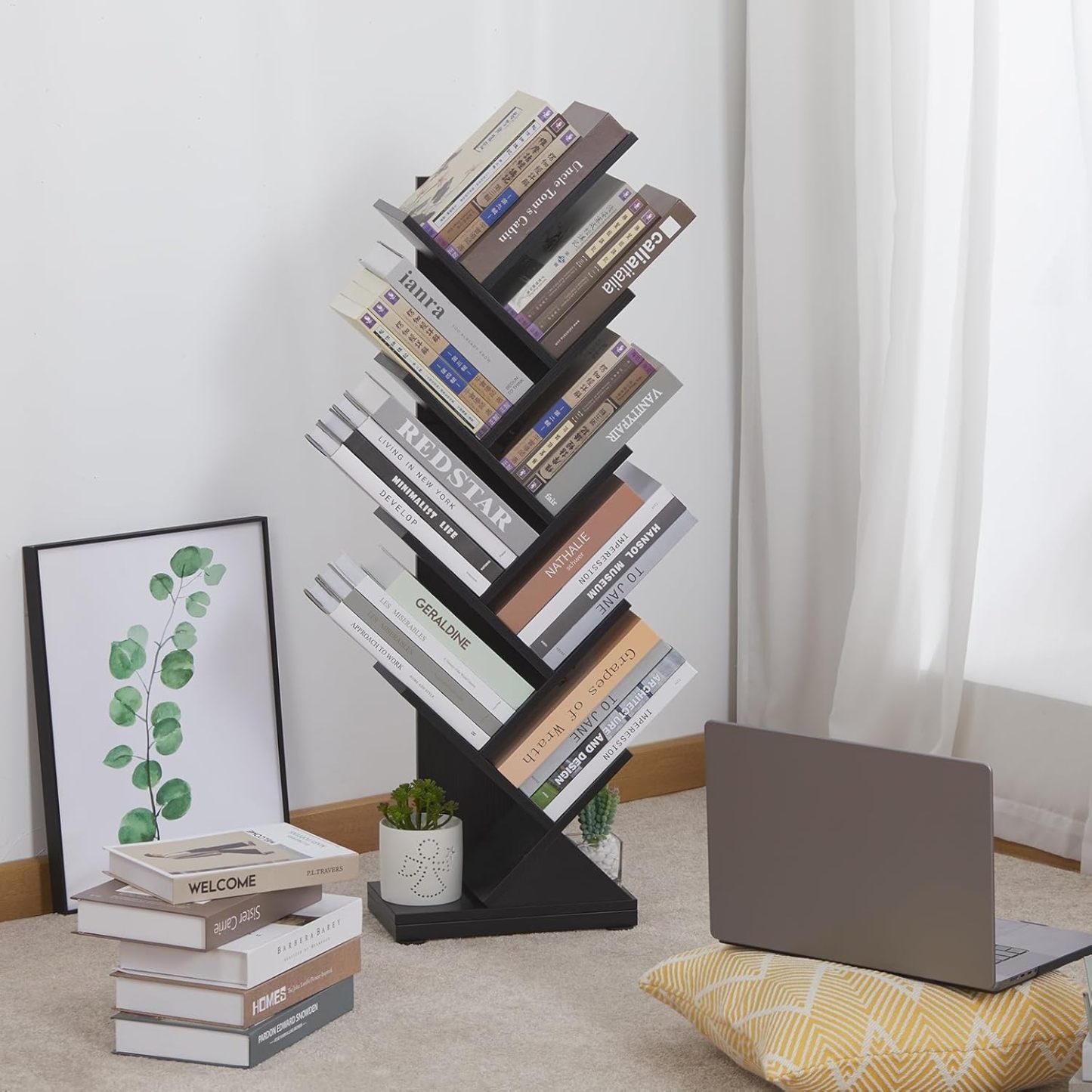 ruboka 4-Shelf Tree Bookshelf, 24.1-Inch Retro Floor Standing Bookcase Display for CDs/Magazine/Books, Small Bookshelf for Bedroom, Living Room, Office,Balcony, Black Storage Shelves DESK53A