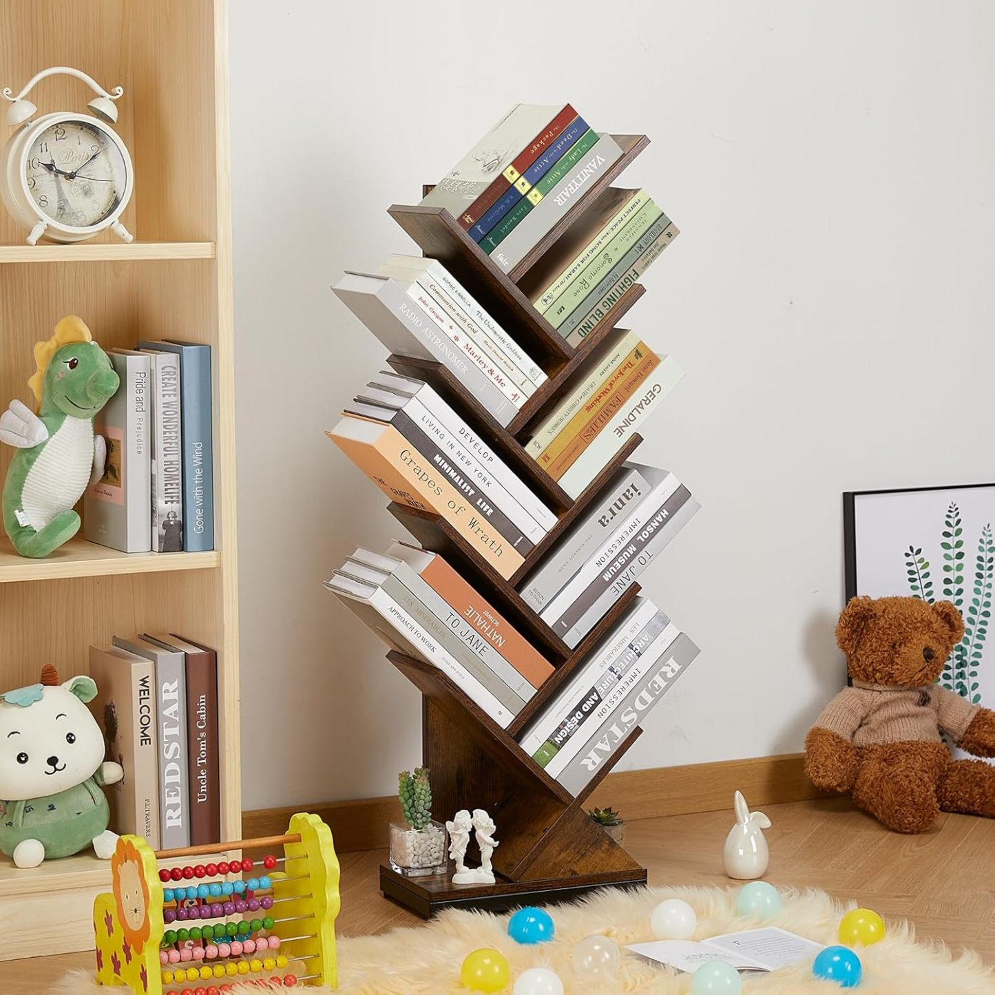 ruboka 4-Shelf Tree Bookshelf, 24.1-Inch Retro Floor Standing Bookcase Display for CDs/Magazine/Books, Small Bookshelf for Bedroom, Living Room, Office,Balcony, Black Storage Shelves DESK53A