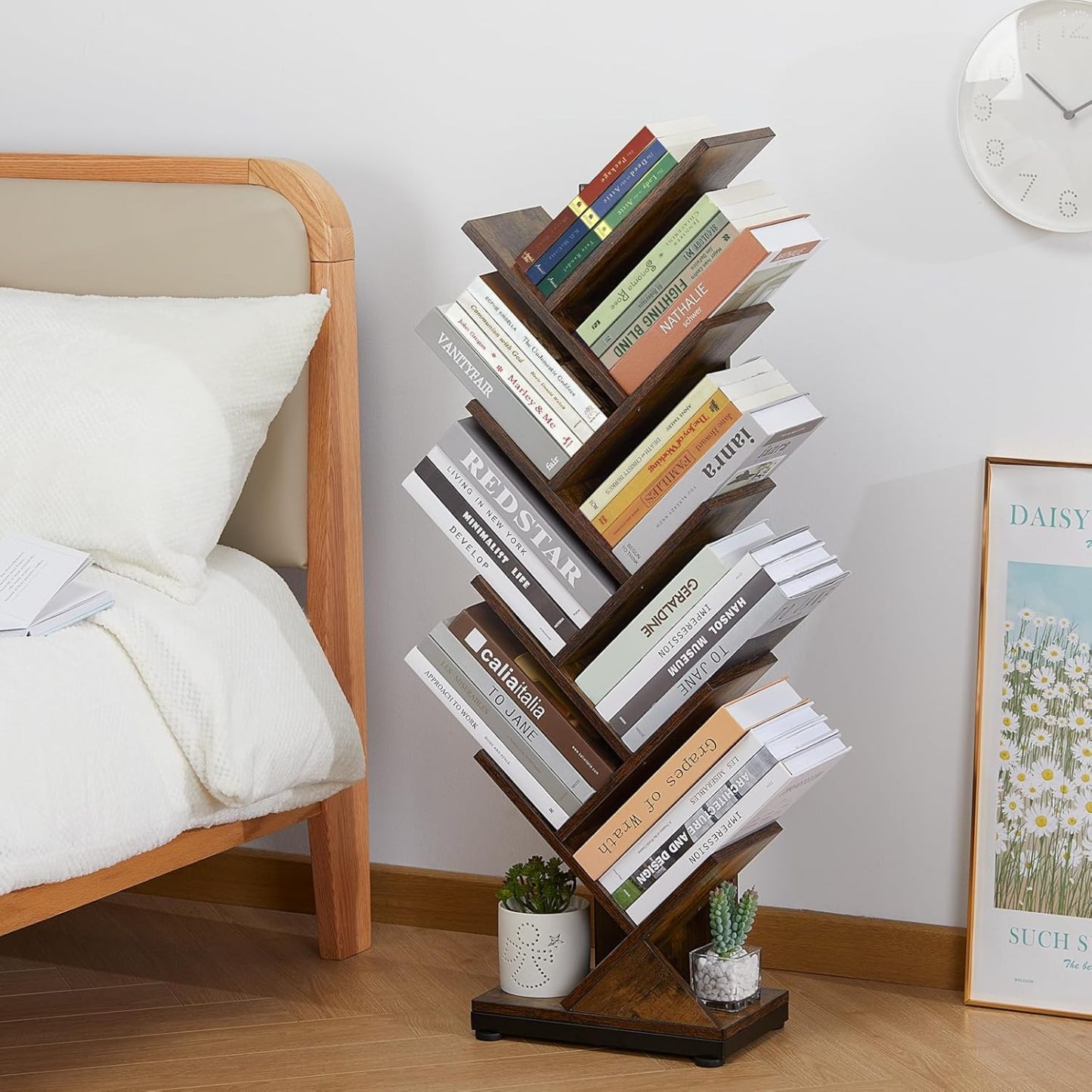 ruboka 4-Shelf Tree Bookshelf, 24.1-Inch Retro Floor Standing Bookcase Display for CDs/Magazine/Books, Small Bookshelf for Bedroom, Living Room, Office,Balcony, Black Storage Shelves DESK53A