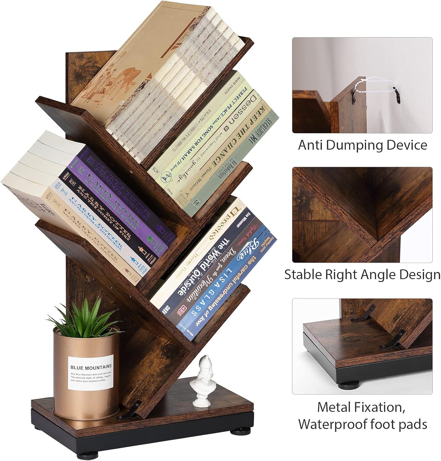 ruboka 4-Shelf Tree Bookshelf, 24.1-Inch Retro Floor Standing Bookcase Display for CDs/Magazine/Books, Small Bookshelf for Bedroom, Living Room, Office,Balcony, Black Storage Shelves DESK53A