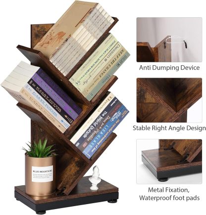 ruboka 4-Shelf Tree Bookshelf, 24.1-Inch Retro Floor Standing Bookcase Display for CDs/Magazine/Books, Small Bookshelf for Bedroom, Living Room, Office,Balcony, Black Storage Shelves DESK53A