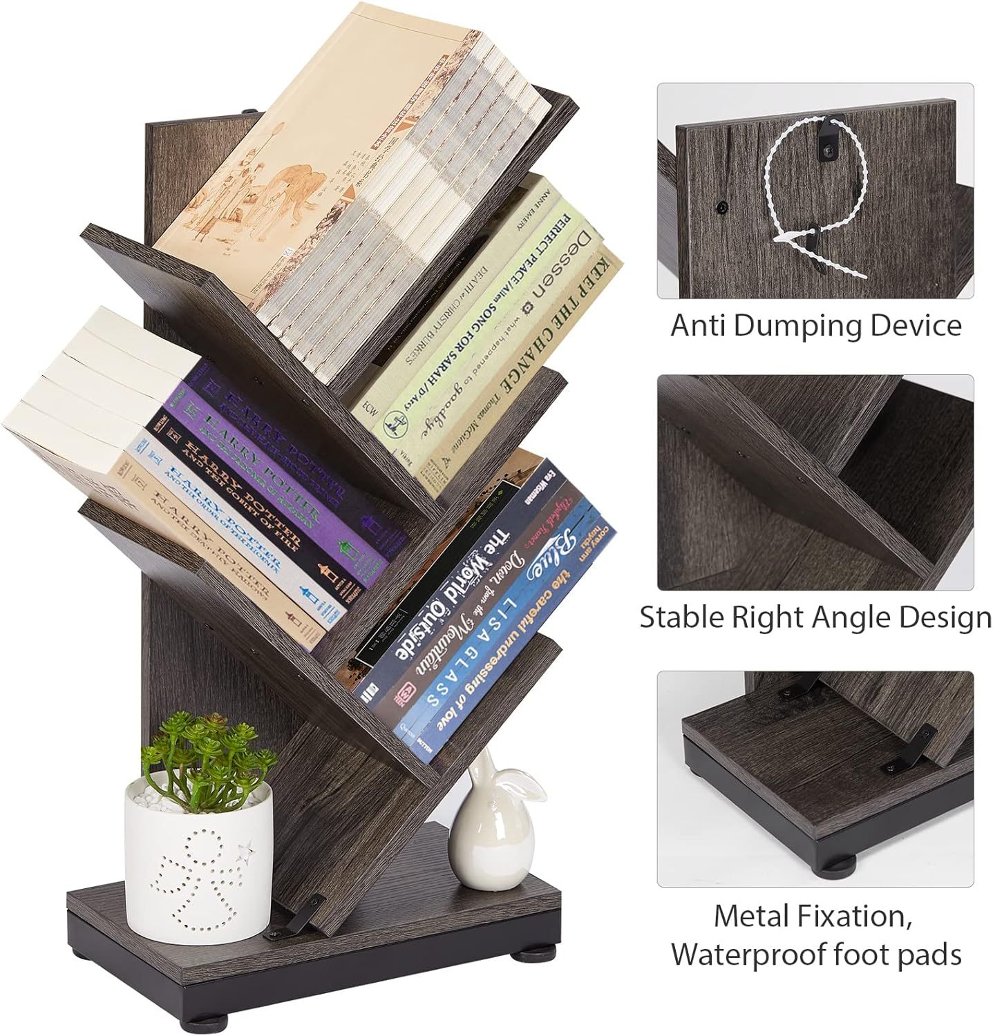 ruboka 4-Shelf Tree Bookshelf, 24.1-Inch Retro Floor Standing Bookcase Display for CDs/Magazine/Books, Small Bookshelf for Bedroom, Living Room, Office,Balcony, Black Storage Shelves DESK53A