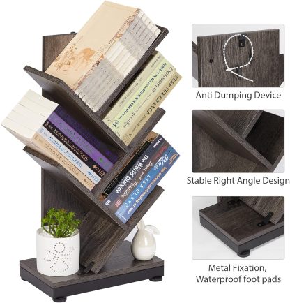 ruboka 4-Shelf Tree Bookshelf, 24.1-Inch Retro Floor Standing Bookcase Display for CDs/Magazine/Books, Small Bookshelf for Bedroom, Living Room, Office,Balcony, Black Storage Shelves DESK53A