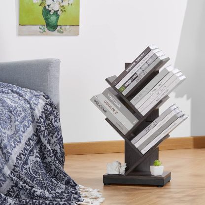 ruboka 4-Shelf Tree Bookshelf, 24.1-Inch Retro Floor Standing Bookcase Display for CDs/Magazine/Books, Small Bookshelf for Bedroom, Living Room, Office,Balcony, Black Storage Shelves DESK53A