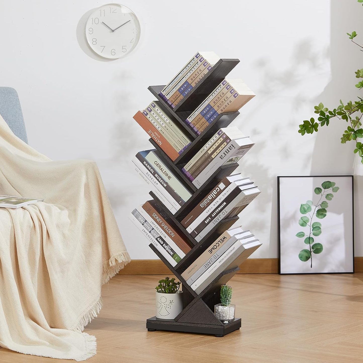 ruboka 4-Shelf Tree Bookshelf, 24.1-Inch Retro Floor Standing Bookcase Display for CDs/Magazine/Books, Small Bookshelf for Bedroom, Living Room, Office,Balcony, Black Storage Shelves DESK53A