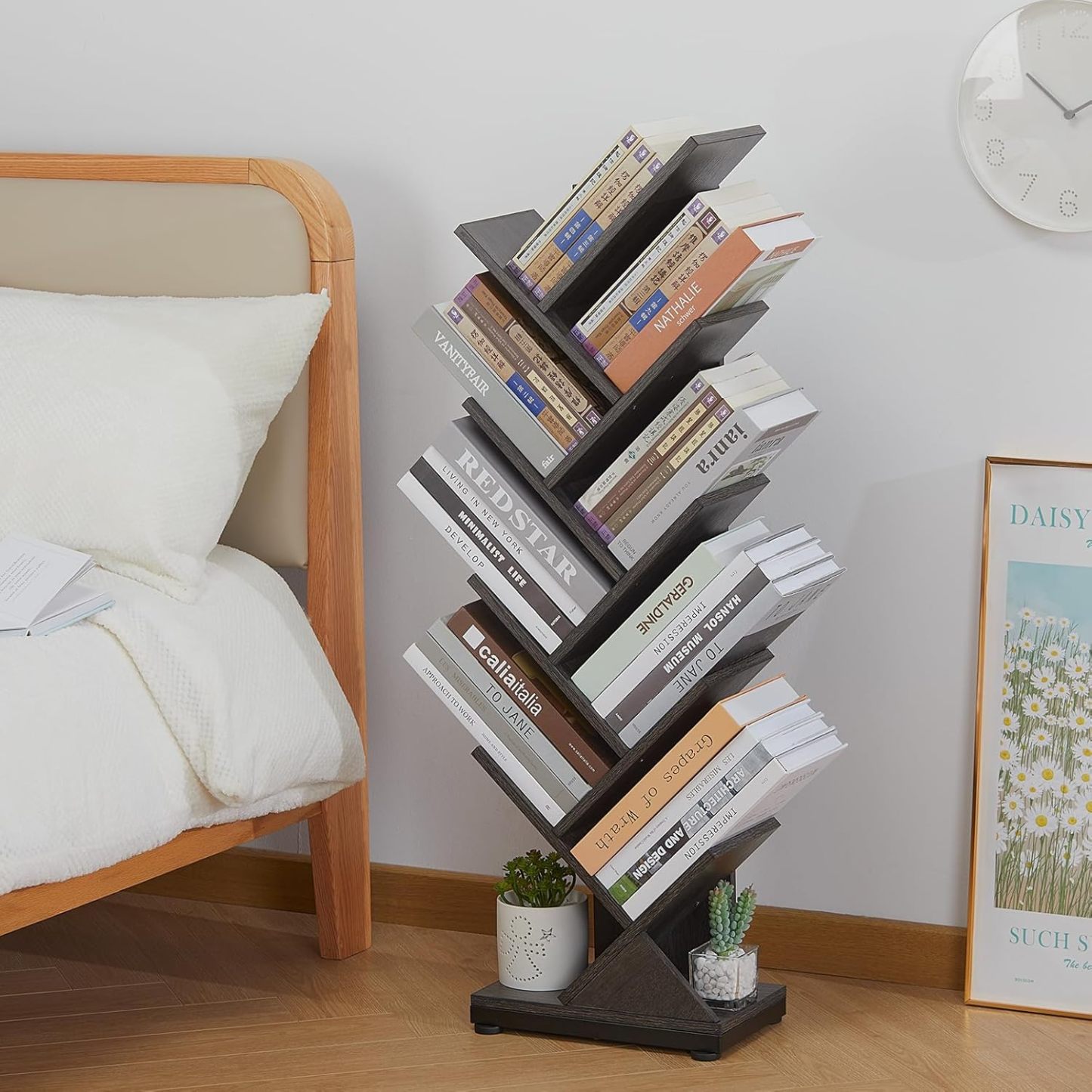 ruboka 4-Shelf Tree Bookshelf, 24.1-Inch Retro Floor Standing Bookcase Display for CDs/Magazine/Books, Small Bookshelf for Bedroom, Living Room, Office,Balcony, Black Storage Shelves DESK53A