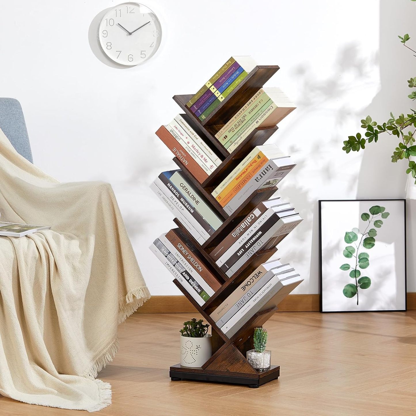 ruboka 4-Shelf Tree Bookshelf, 24.1-Inch Retro Floor Standing Bookcase Display for CDs/Magazine/Books, Small Bookshelf for Bedroom, Living Room, Office,Balcony, Black Storage Shelves DESK53A