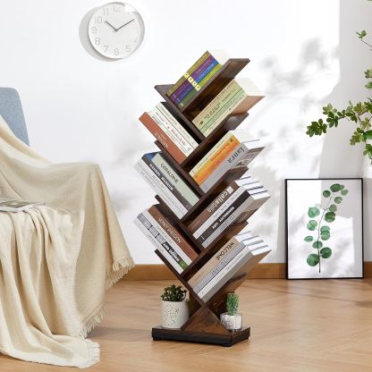 ruboka 4-Shelf Tree Bookshelf, 24.1-Inch Retro Floor Standing Bookcase Display for CDs/Magazine/Books, Small Bookshelf for Bedroom, Living Room, Office,Balcony, Black Storage Shelves DESK53A