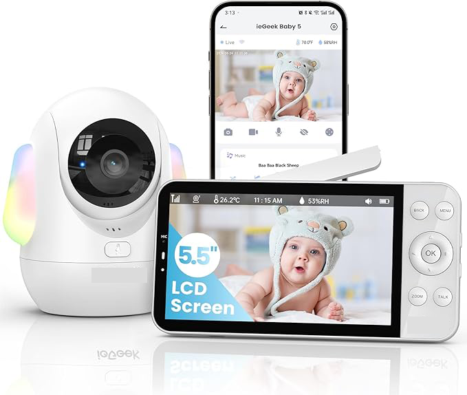 CLICKFUSION Babymonitor mit Kamera 2,5 K/4MP, 5,5 Zoll WLAN-Videobabymonitor (kompatibel mit 2,4 GHz und 5 GHz), PTZ 360°, intelligentes Nachtlicht, automatische Verfolgung, Weinen/Bewegungsalarm, mobile App