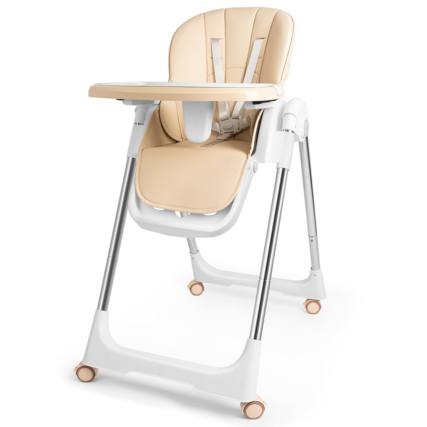 CLICKFUSION Hochstuhl Baby，Kinderhochstuhl Klappbar Baby mit Sicherheitsgurt,Tablett,Fußstütze,Liegefunktion，Einfach zu Reinigen,Babystuhl,Baby Essen Stuhl,Kinderstuhl ab 6 Monate bis 6 Jahre,Beige