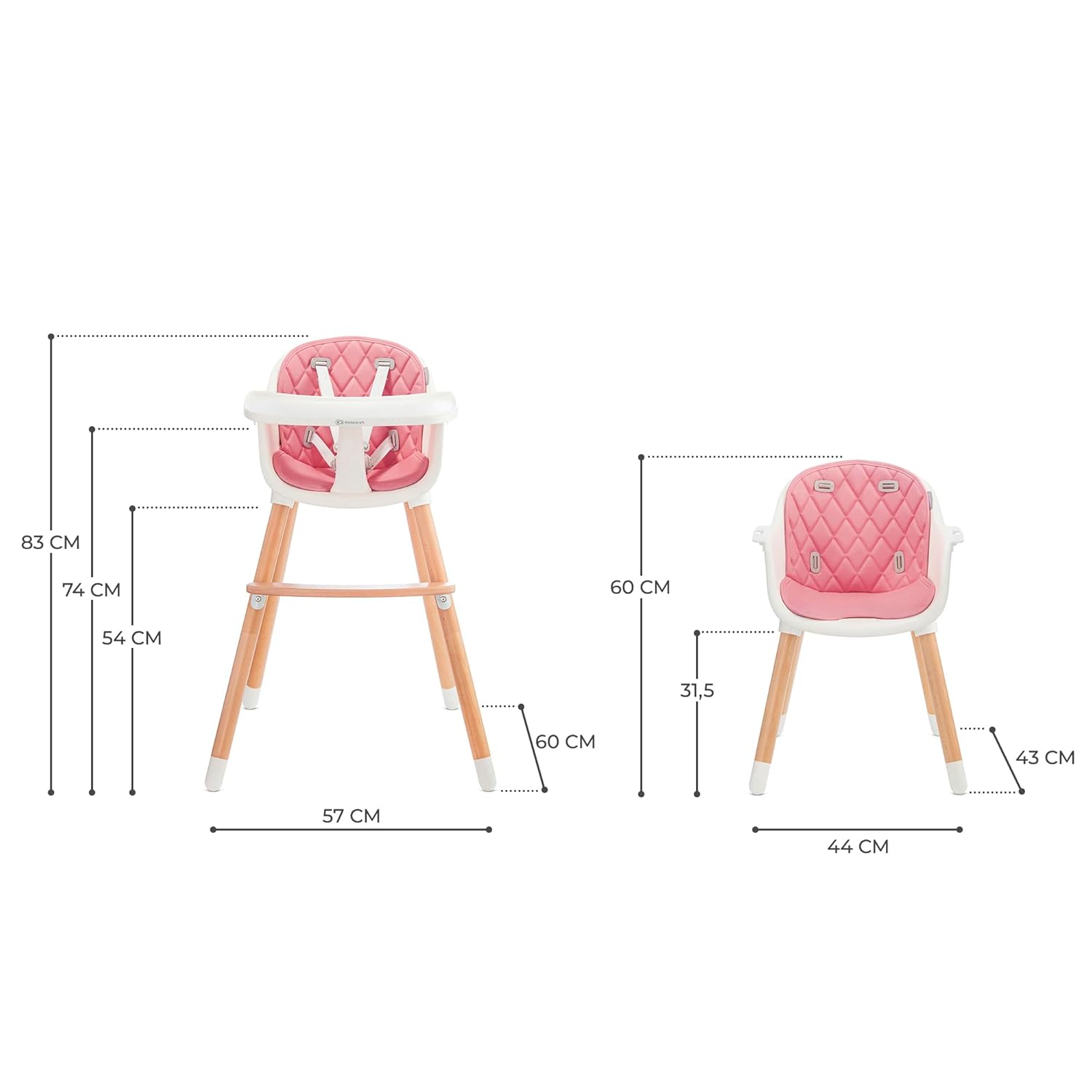 CLICKFUSION Hochstuhl SIENNA 2 in 1, Kinderhochstuhl, Babystuhl, Kombihochstuhl, Beine aus Holz, 5-Punkt-Gurt, Fußstütze, abnehmbare Tablett, Rutschfeste Stuhlbeinkappen, ab 6 Monate bis 4 Jahre, Rosa