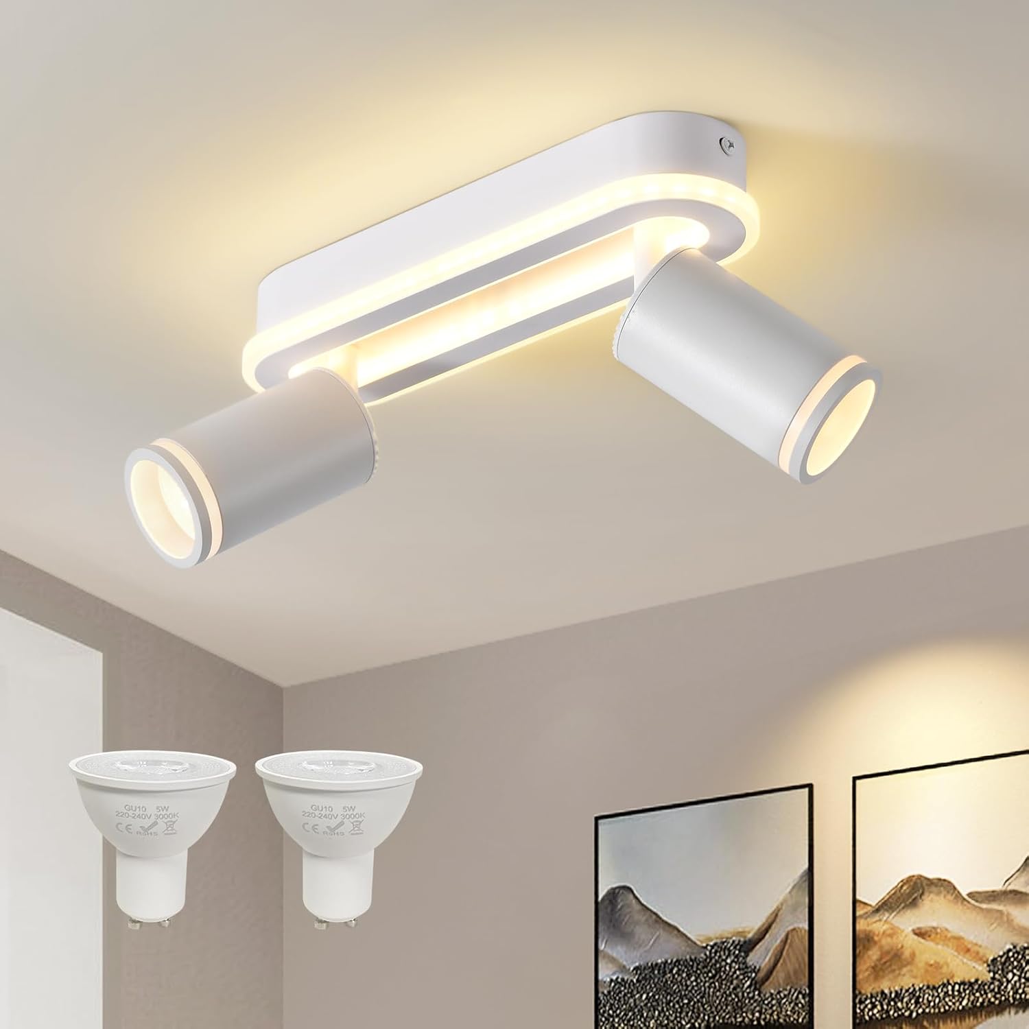 CLICKFUSIONLED Ceiling Spotlight 2 Bulbs Swivelling 350° Ceiling Light with Lower Glow 15 W + 2 x 5 W GU10 Spotlights, 3000 K Warm White Ceiling Spotlight for Kitchen, Colour Modes 360 Rotatable [Energy Class F]