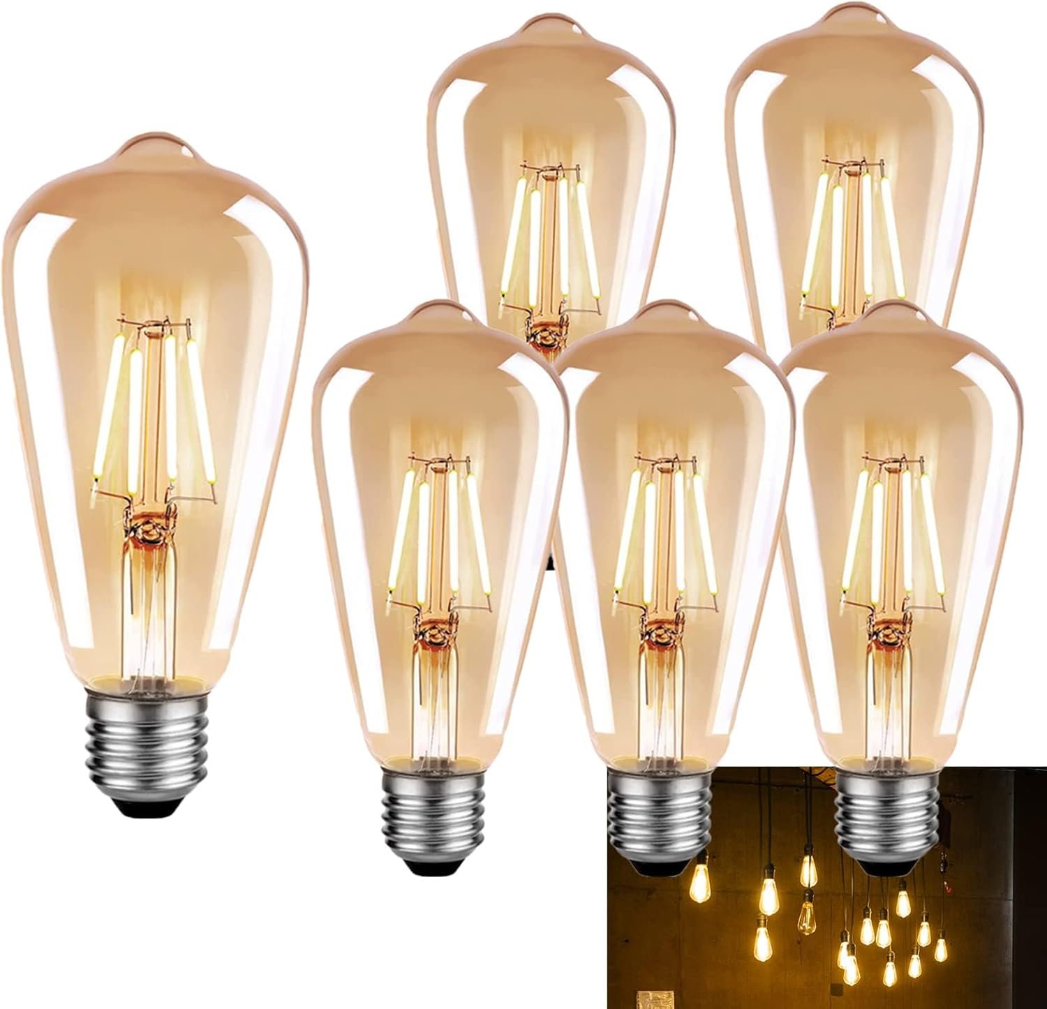 CLICKFUSION E27 LED Vintage Dimmbar Edison Glühbirne E27 5W(Erstezt 50) Retro LED Lampe Golden Warmweiss 2700K Filament ST64, Ideal für Nostalgie und Retro Beleuchtung im Haus Café Bar usw- 6 Stück