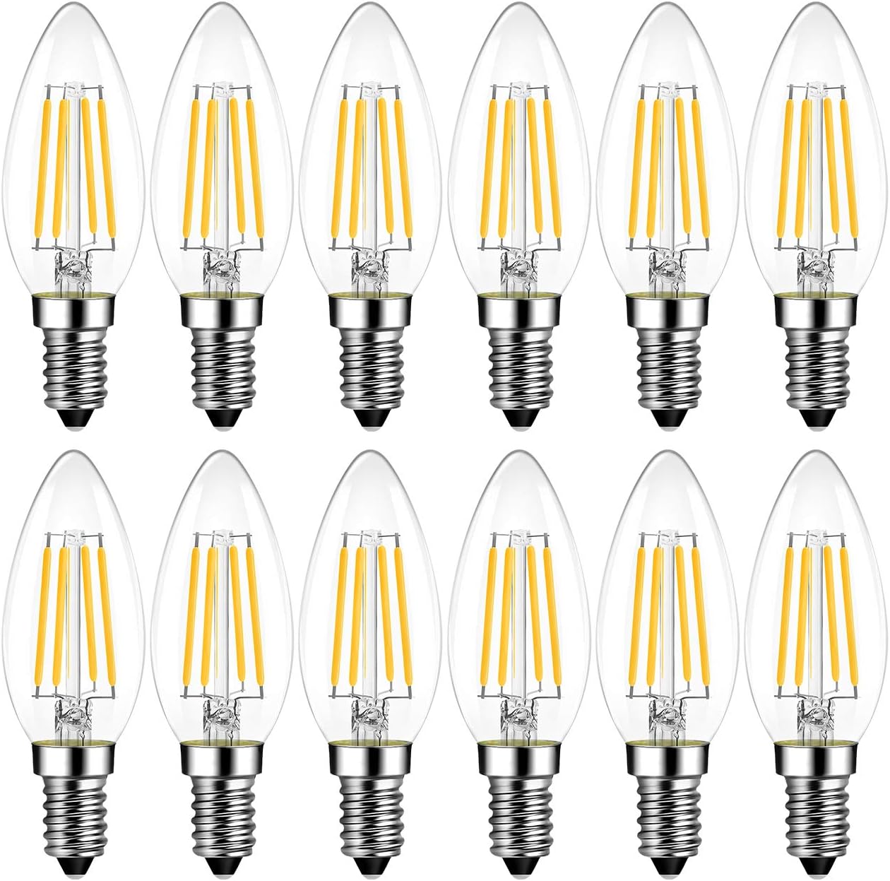 CLICKFUSION E14 Kerze LED Lampe für Kronleuchter, 470 lm, 4W ersetzt 40 Watt, 2700K Warmweiß, Filament Fadenlampe, Glas, nicht dimmbar (12er Pack)