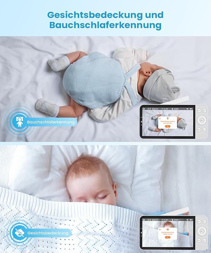 CLICKFUSION Babymonitor mit Kamera 2,5 K/4MP, 5,5 Zoll WLAN-Videobabymonitor (kompatibel mit 2,4 GHz und 5 GHz), PTZ 360°, intelligentes Nachtlicht, automatische Verfolgung, Weinen/Bewegungsalarm, mobile App