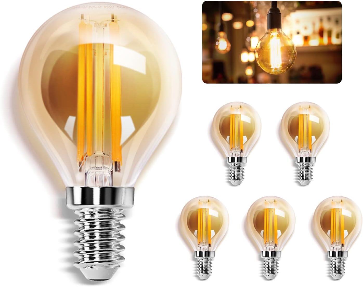 CLICKFUSION Edison Vintage Glühbirne E14,Warmweiß 2200K,400lm,4W Retro LED Edison Glühbirne,Ideal für Retro Beleuchtung im Restaurant,Café,Bar-5 Stück