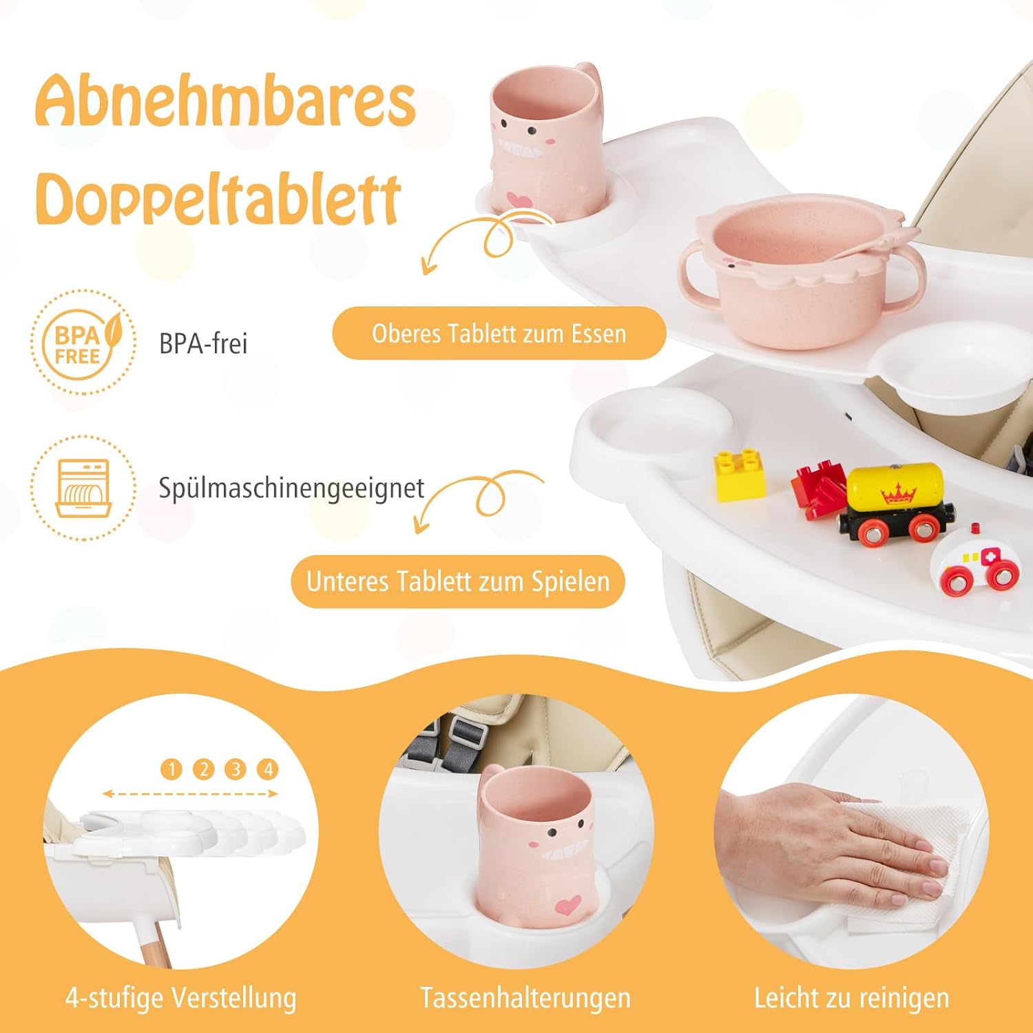 CLICKFUSION 2 in 1 Babyhochstuhl, Hochstuhl aus Buchenholz mit 5-Punkt-Sicherheitsgurt, abnehmbarem Doppeltablett & Sitzkissen, Babystuhl Kinderhochstuhl für 6-36 Monaten Baby, 15 kg Belastbar (Beige)