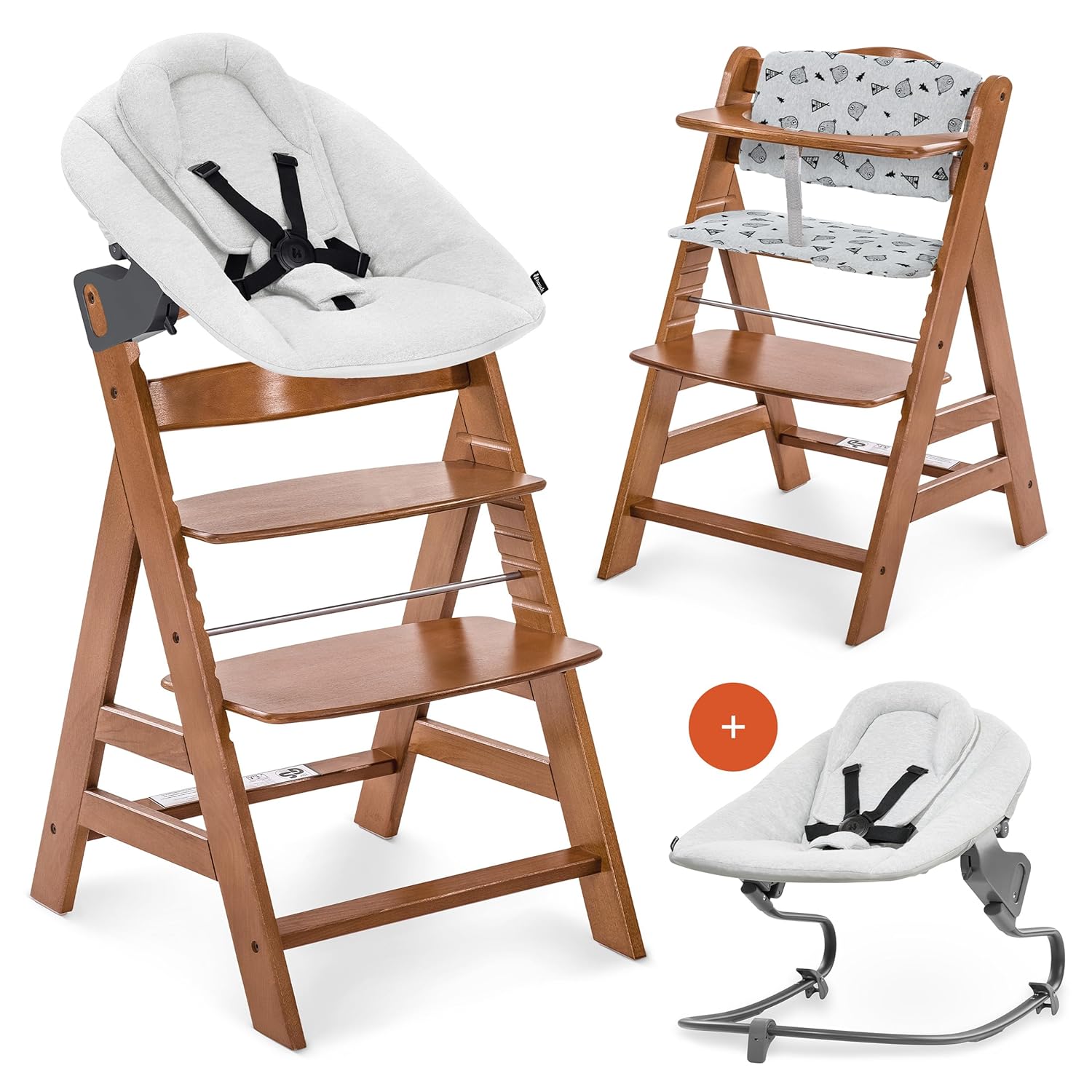 CLICKFUSION Alpha Plus Newborn Set mit Premium Bouncer Light Grey - Baby Holz Hochstuhl ab Geburt mit Liegefunktion - extra flacher Aufsatz für Neugeborene & Baumwoll Sitzpolster - Walnut