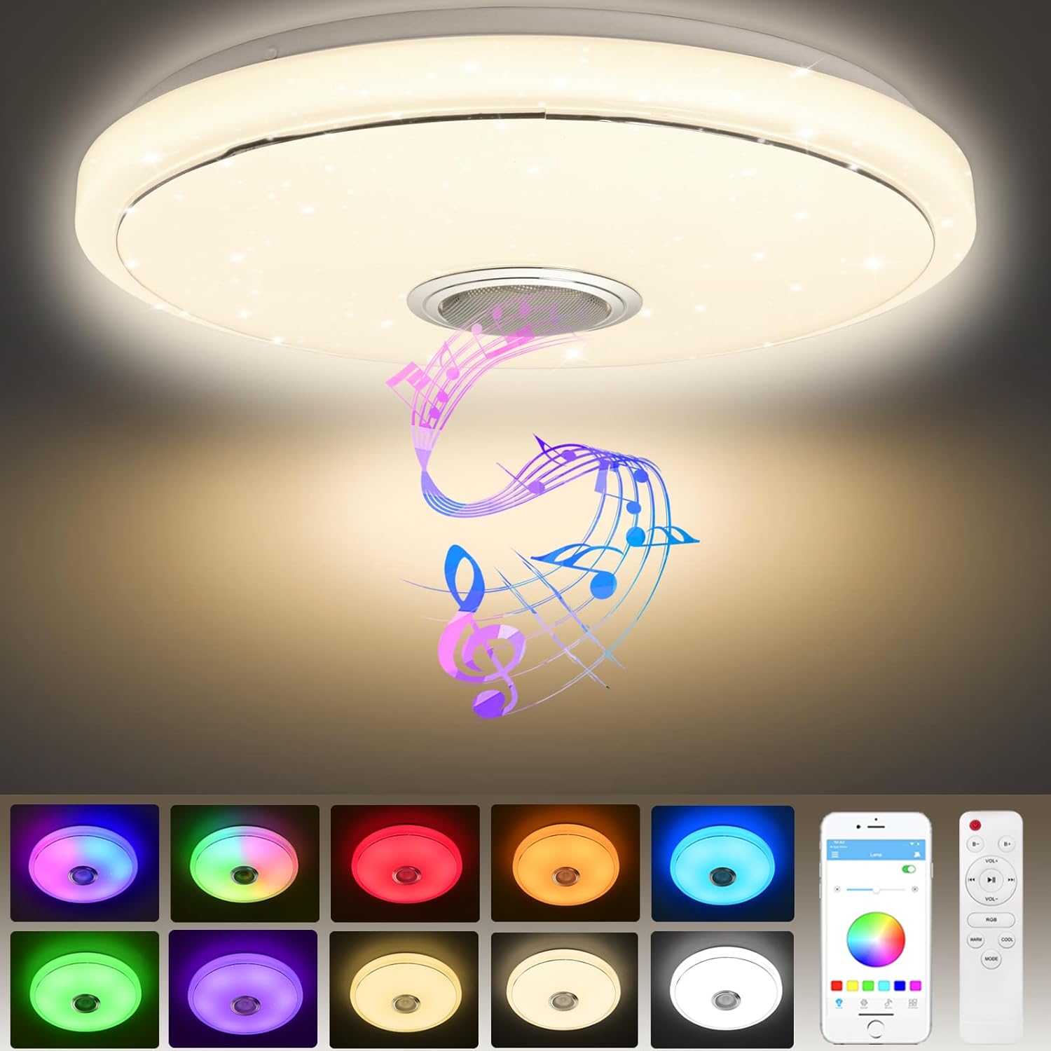 CLICKFUSION 48 W LED Ceiling Light Dimmable, RGB Ceiling Light with Bluetooth Speaker Remote Control and App Control, Music Playback for Children's Room, Bedroom, Living Room, Diameter 40 cm [Energy Class A]