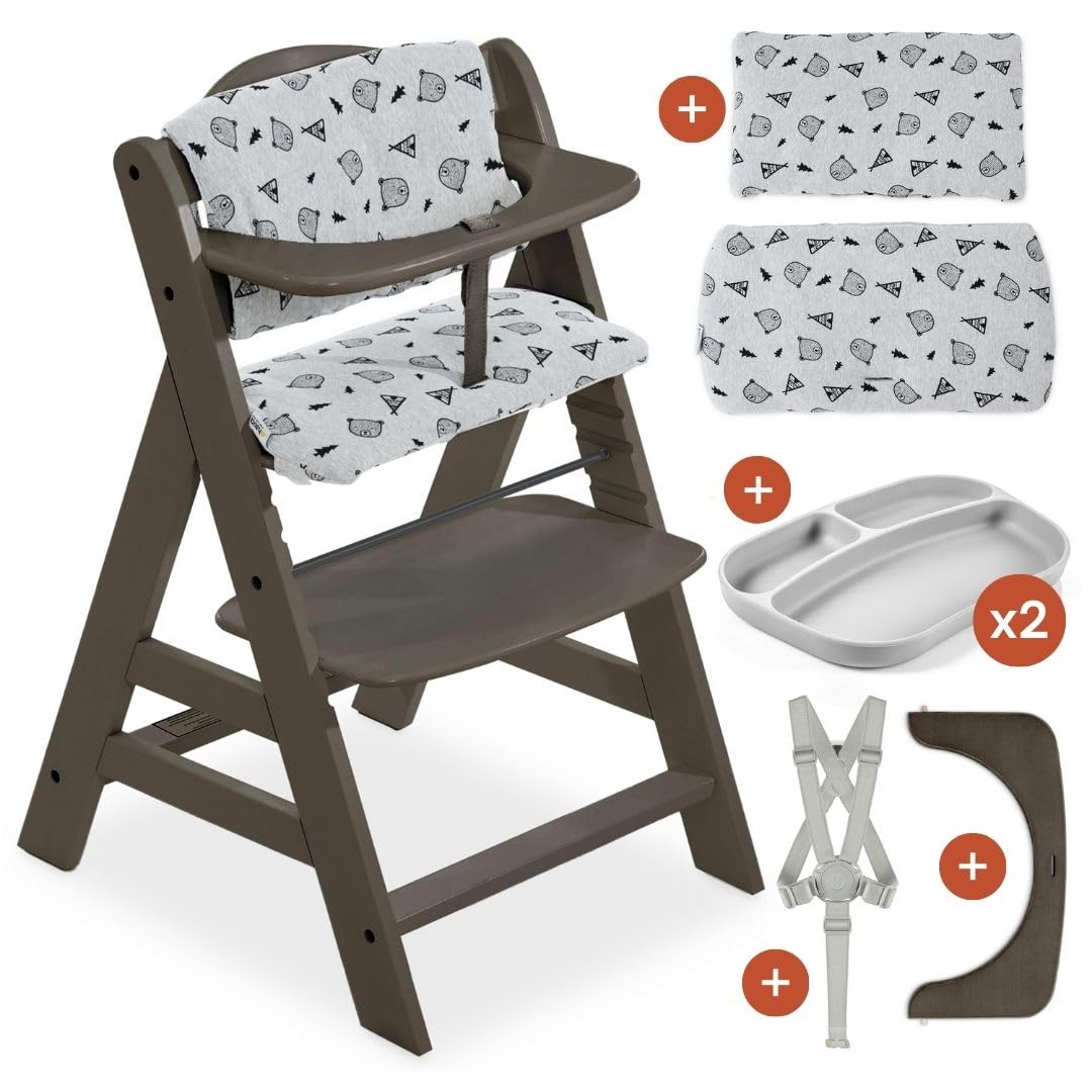 CLICKFUSION Hochstuhl Alpha Plus inkl. Sitzkissen und 2x Babyteller Silikon - Mitwachsender Babystuhl aus Holz, Kinderhochstuhl ab 6 Monate, verstellbar - Charcoal Nordic Grey