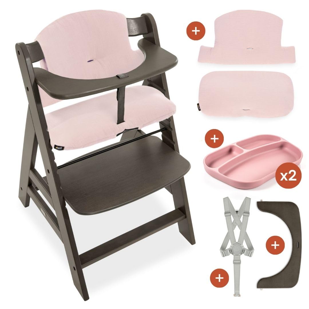 CLICKFUSION Hochstuhl Alpha Plus inkl. Sitzkissen und 2x Babyteller Silikon - Mitwachsender Babystuhl aus Holz, Kinderhochstuhl ab 6 Monate, verstellbar - Charcoal Rose