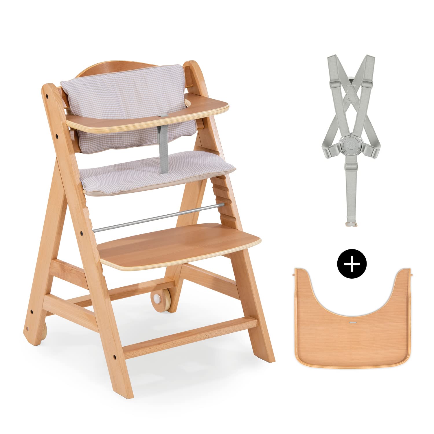 CLICKFUSION Kinder Hochstuhl Beta+, Mitwachsender Holz Babystuhl (FSC zertifiziert), Kinderhochstuhl ab 6 Monate mit Sitzkissen, Räder, Holz Essbrett, Schutzbügel, 5-Punkt-Gurt und Schrittgurt - Natur