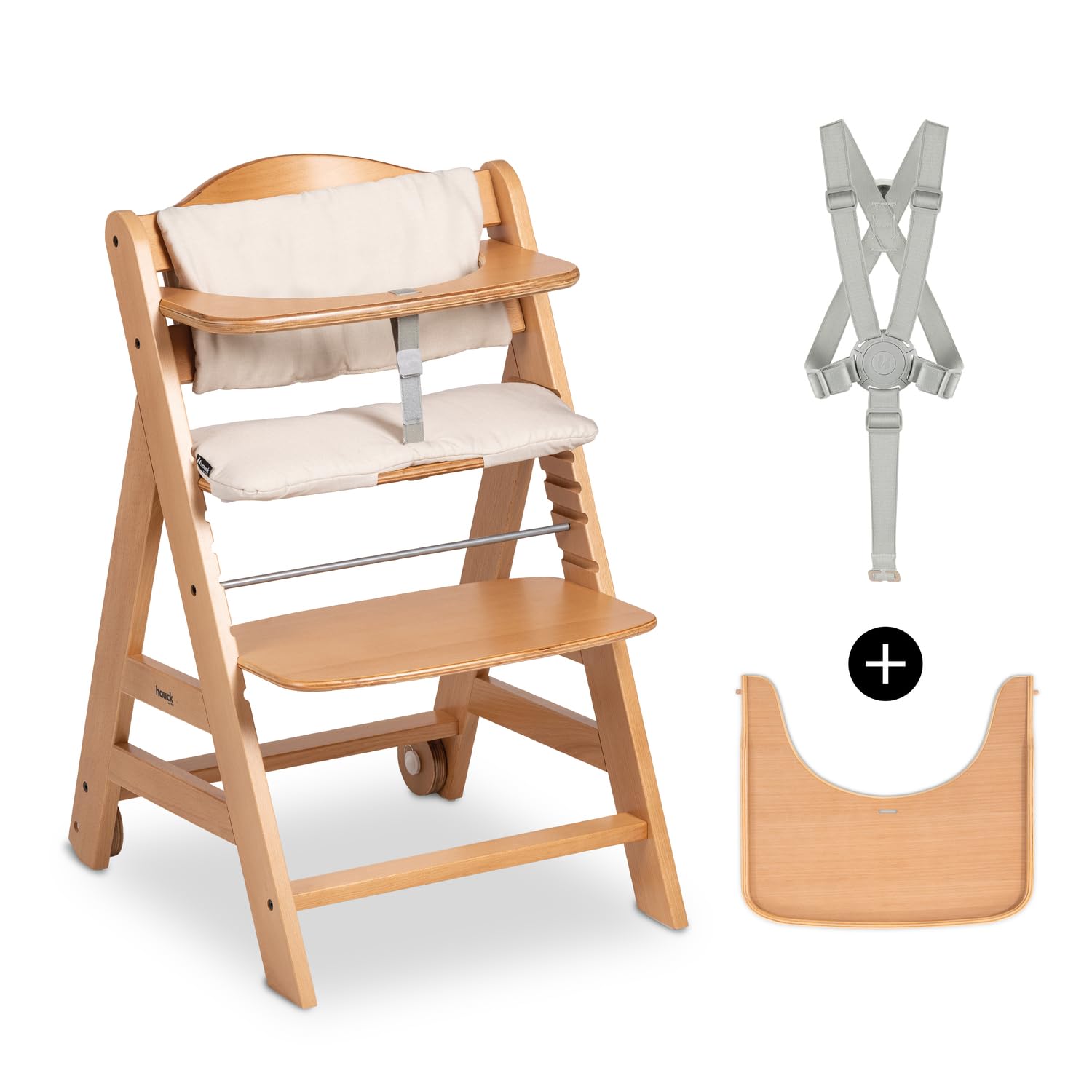 CLICKFUSION Kinder Hochstuhl Beta+, Mitwachsender Holz Babystuhl (FSC zertifiziert), Kinderhochstuhl ab 6 Monate mit Sitzkissen, Holz Essbrett und Schutzbügel, 5-Punkt-Gurt und Schrittgurt (Natural)