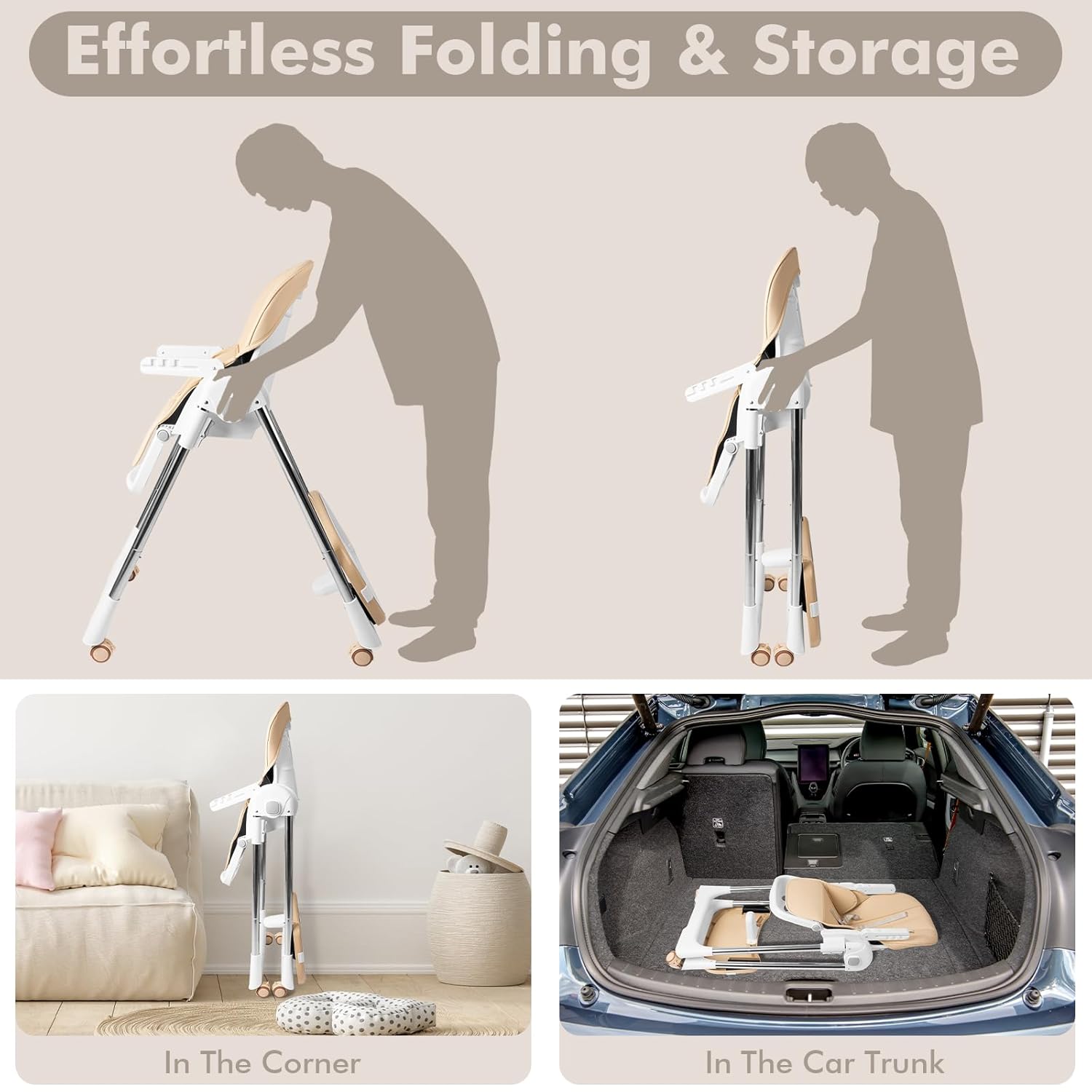 CLICKFUSION Hochstuhl Baby，Kinderhochstuhl Klappbar Baby mit Sicherheitsgurt,Tablett,Fußstütze,Liegefunktion，Einfach zu Reinigen,Babystuhl,Baby Essen Stuhl,Kinderstuhl ab 6 Monate bis 6 Jahre,Beige