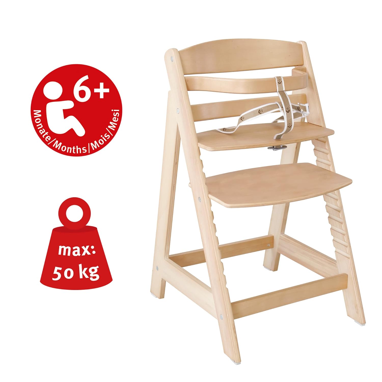 CLICKFUSION Treppenhochstuhl Sit Up III - Mitwachsender Baby Hochstuhl - ab 6 Monaten - Kinderhochstuhl aus Holz natur - Stuhl bis 50 kg belastbar, 1 Stück (1er Pack)